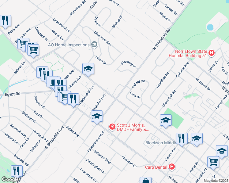 map of restaurants, bars, coffee shops, grocery stores, and more near 311 Middleton Place in Norristown
