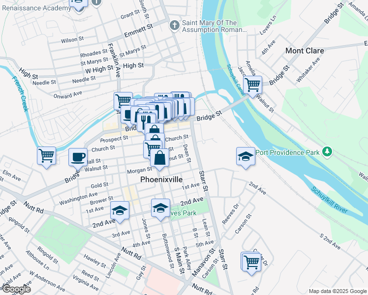 map of restaurants, bars, coffee shops, grocery stores, and more near 25 Hall Street in Phoenixville