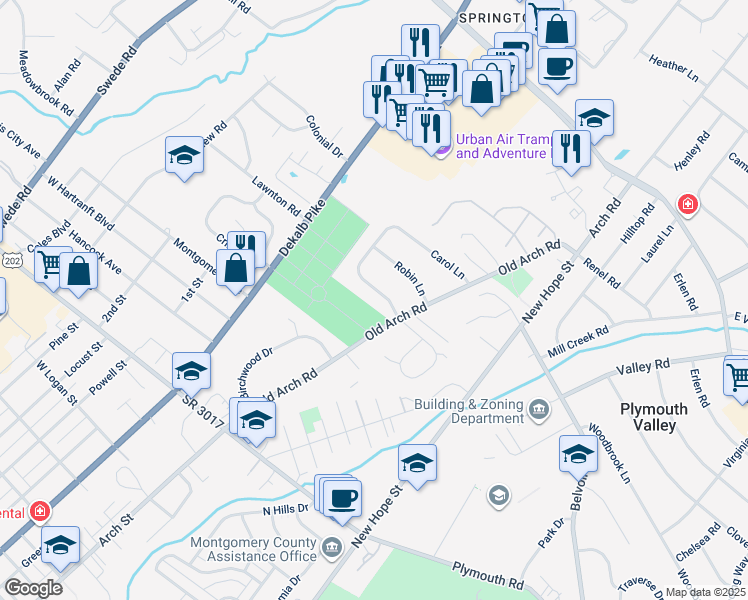 map of restaurants, bars, coffee shops, grocery stores, and more near 2205 Carol Lane in Norristown