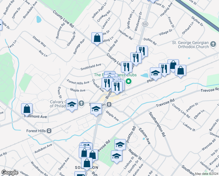 map of restaurants, bars, coffee shops, grocery stores, and more near 14250 Bustleton Avenue in Philadelphia