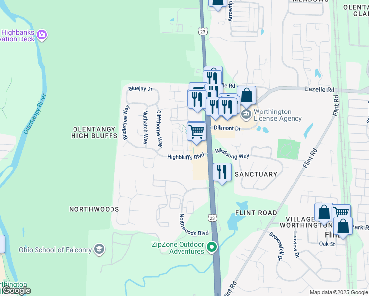map of restaurants, bars, coffee shops, grocery stores, and more near 8288 Linton Boulevard in Columbus