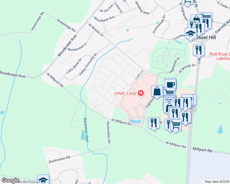 map of restaurants, bars, coffee shops, grocery stores, and more near 421 Patriots Way in Lititz
