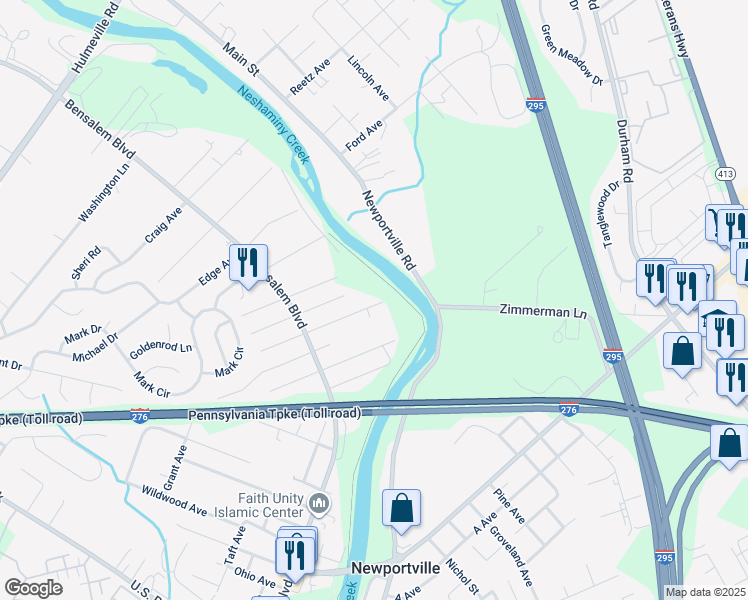 map of restaurants, bars, coffee shops, grocery stores, and more near 6450 Crescent Avenue in Bensalem