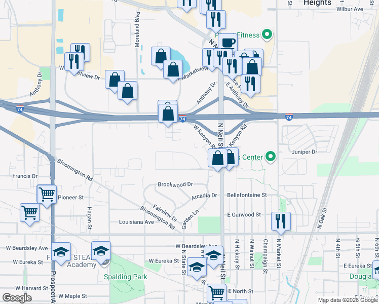 map of restaurants, bars, coffee shops, grocery stores, and more near 216 Briar Lane in Champaign
