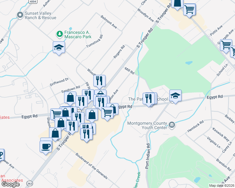 map of restaurants, bars, coffee shops, grocery stores, and more near 404 Heston Avenue in Eagleville