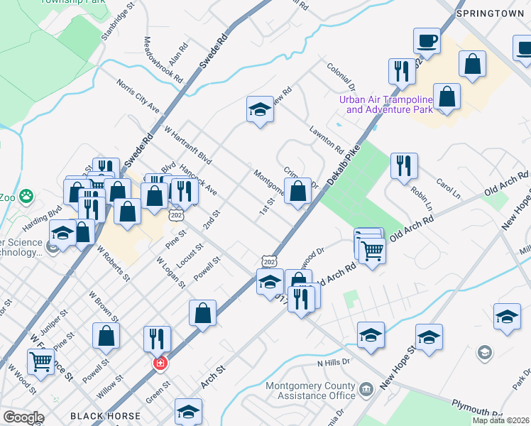 map of restaurants, bars, coffee shops, grocery stores, and more near 38 West Hartranft Boulevard in Norristown