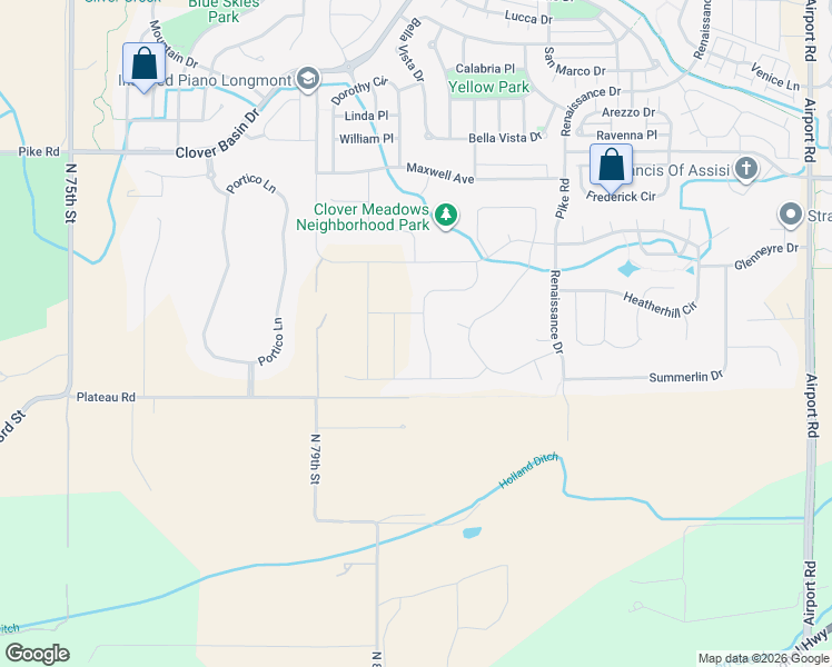 map of restaurants, bars, coffee shops, grocery stores, and more near 2233 Lombardy Street in Longmont