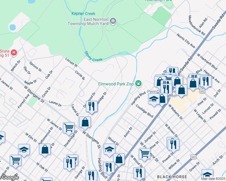 map of restaurants, bars, coffee shops, grocery stores, and more near 801 Laura Lane in Norristown