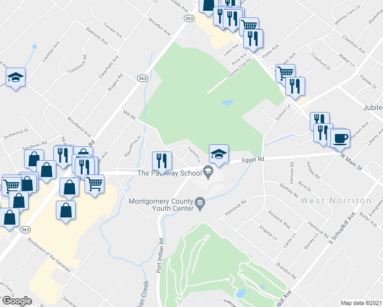 map of restaurants, bars, coffee shops, grocery stores, and more near 100 Golf Cart Drive in Norristown