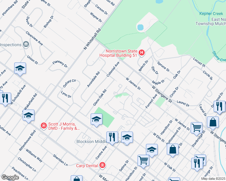 map of restaurants, bars, coffee shops, grocery stores, and more near 916 Northridge Drive in Norristown