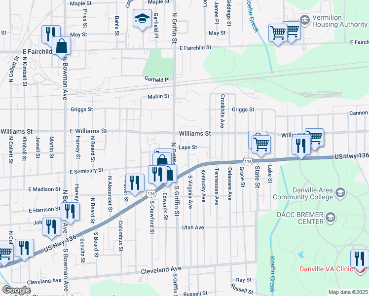 map of restaurants, bars, coffee shops, grocery stores, and more near 1306 Lape Street in Danville