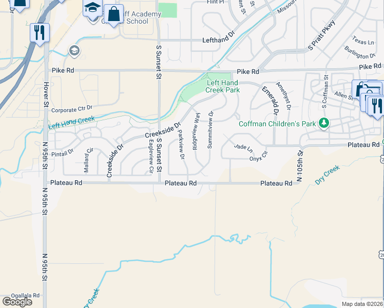 map of restaurants, bars, coffee shops, grocery stores, and more near 2221 Ridgeview Way in Longmont