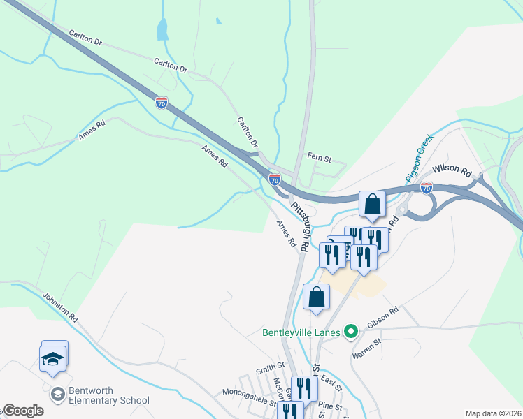 map of restaurants, bars, coffee shops, grocery stores, and more near 298 Ames Road in Bentleyville