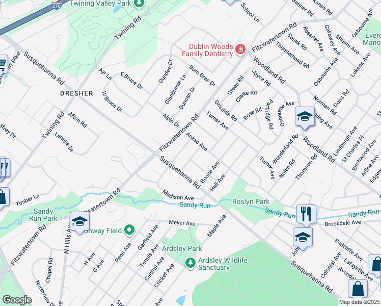 map of restaurants, bars, coffee shops, grocery stores, and more near 1136 Wilson Avenue in Roslyn