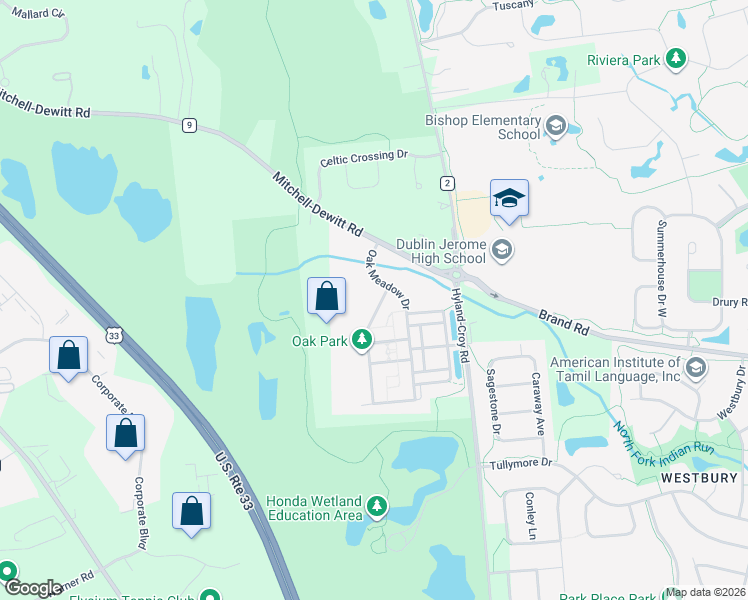 map of restaurants, bars, coffee shops, grocery stores, and more near 8062 Pleasant Drive in Dublin