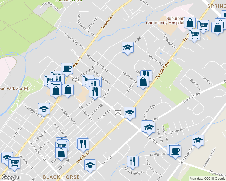 map of restaurants, bars, coffee shops, grocery stores, and more near 117 Hancock Avenue in Norristown