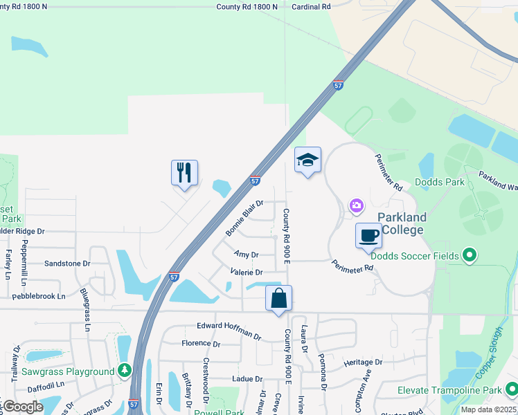 map of restaurants, bars, coffee shops, grocery stores, and more near 1706 Bonnie Blair Drive in Champaign