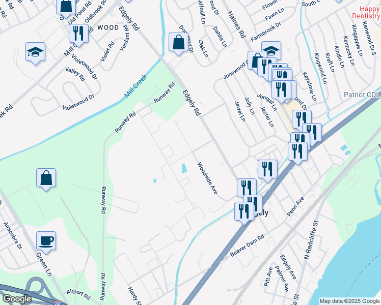 map of restaurants, bars, coffee shops, grocery stores, and more near 58 Woodside Avenue in Levittown