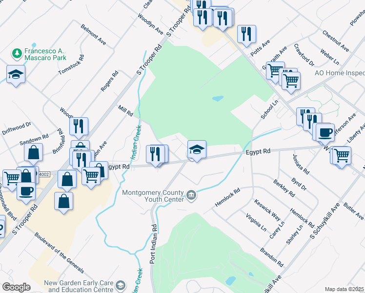 map of restaurants, bars, coffee shops, grocery stores, and more near 100 Golf Cart Drive in Norristown