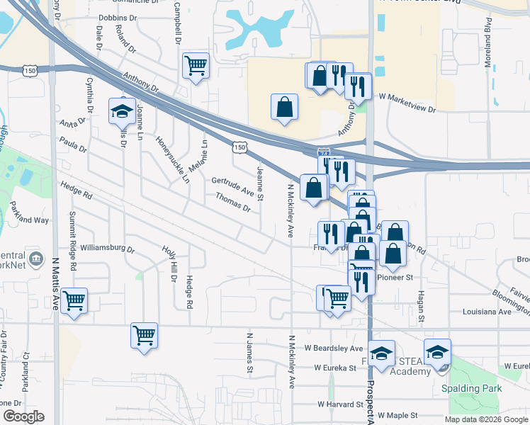 map of restaurants, bars, coffee shops, grocery stores, and more near 1610 Jeanne Street in Champaign