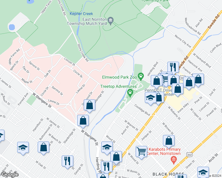 map of restaurants, bars, coffee shops, grocery stores, and more near 801 Laura Lane in Norristown