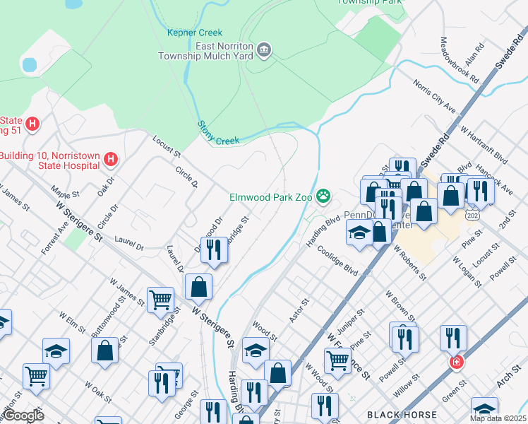 map of restaurants, bars, coffee shops, grocery stores, and more near 801 Laura Lane in Norristown