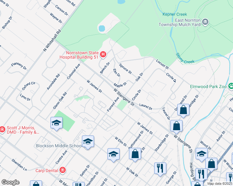 map of restaurants, bars, coffee shops, grocery stores, and more near 1402 Sterigere Street in Eagleville