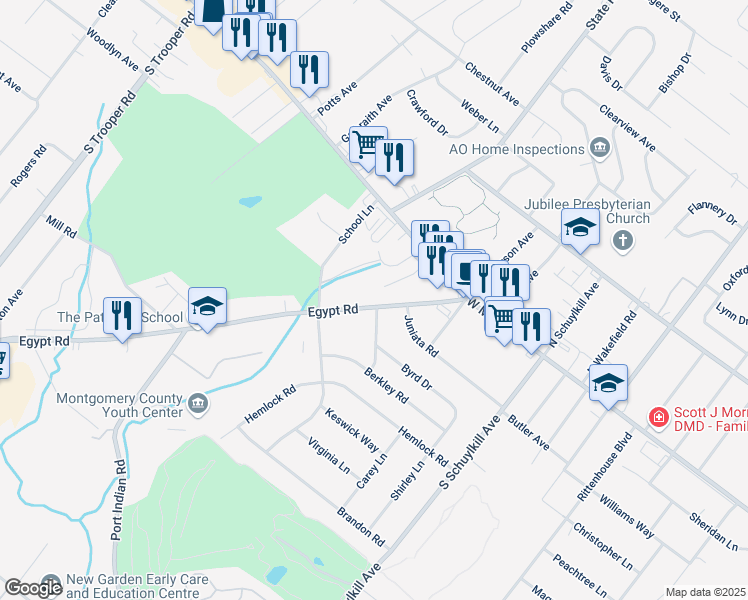 map of restaurants, bars, coffee shops, grocery stores, and more near 73 Egypt Road in Eagleville