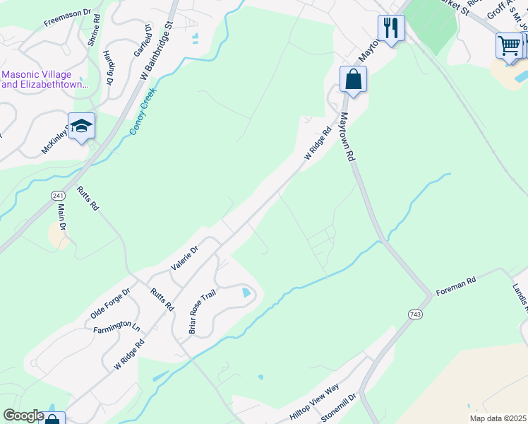 map of restaurants, bars, coffee shops, grocery stores, and more near 256 West Ridge Road in Elizabethtown