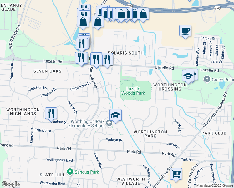 map of restaurants, bars, coffee shops, grocery stores, and more near 1016 Philadelphia Drive in Westerville
