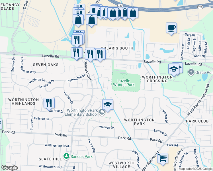 map of restaurants, bars, coffee shops, grocery stores, and more near 1016 Philadelphia Drive in Westerville