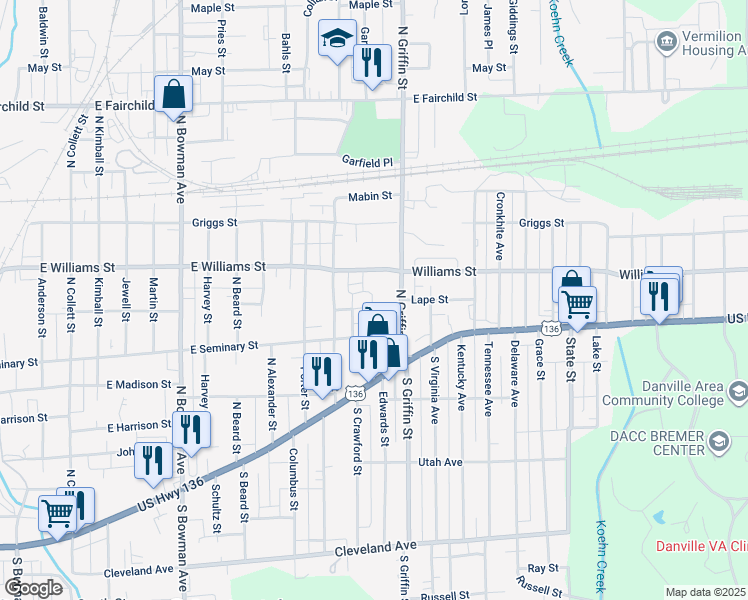 map of restaurants, bars, coffee shops, grocery stores, and more near 502 North Griffin Street in Danville