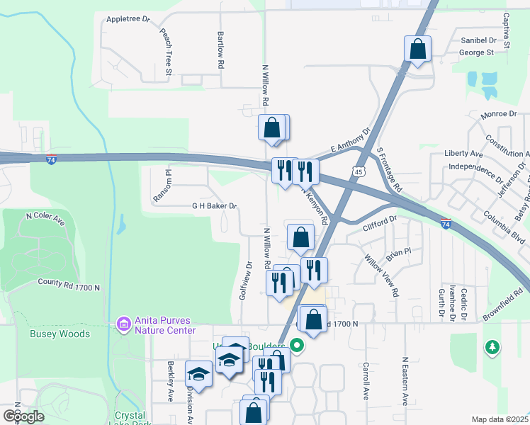 map of restaurants, bars, coffee shops, grocery stores, and more near 2007 Co Road 1400 East in Urbana
