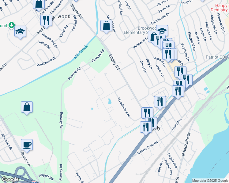 map of restaurants, bars, coffee shops, grocery stores, and more near 52 Woodside Avenue in Levittown