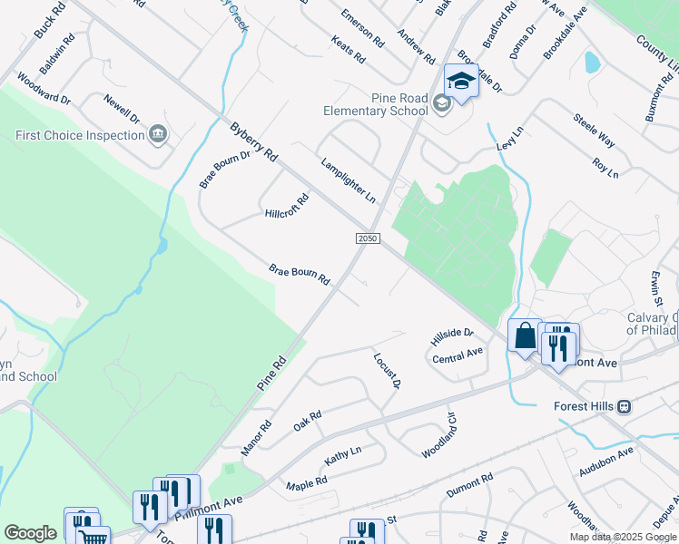map of restaurants, bars, coffee shops, grocery stores, and more near 3416 Pine Road in Montgomery County