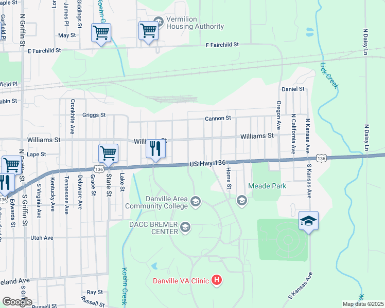 map of restaurants, bars, coffee shops, grocery stores, and more near 1-99 Indiana Street in Danville