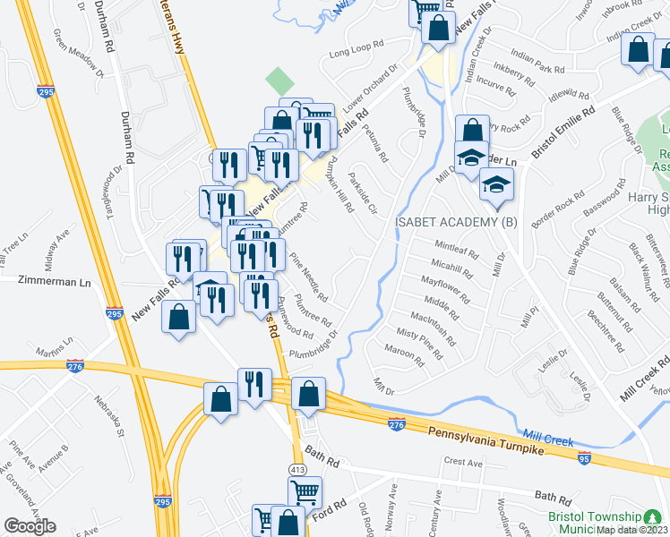 map of restaurants, bars, coffee shops, grocery stores, and more near 21 Peony Road in Levittown
