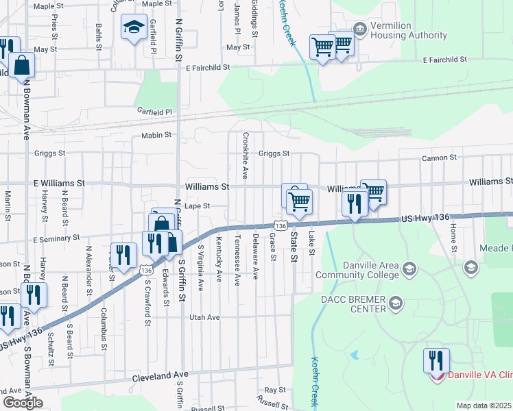 map of restaurants, bars, coffee shops, grocery stores, and more near 12 Stroup Street in Danville
