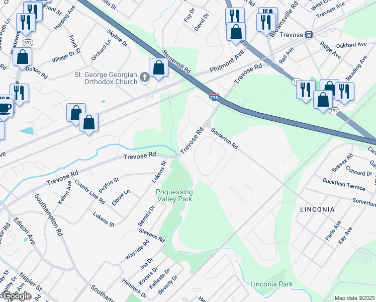 map of restaurants, bars, coffee shops, grocery stores, and more near 2441 Trevose Road in Trevose