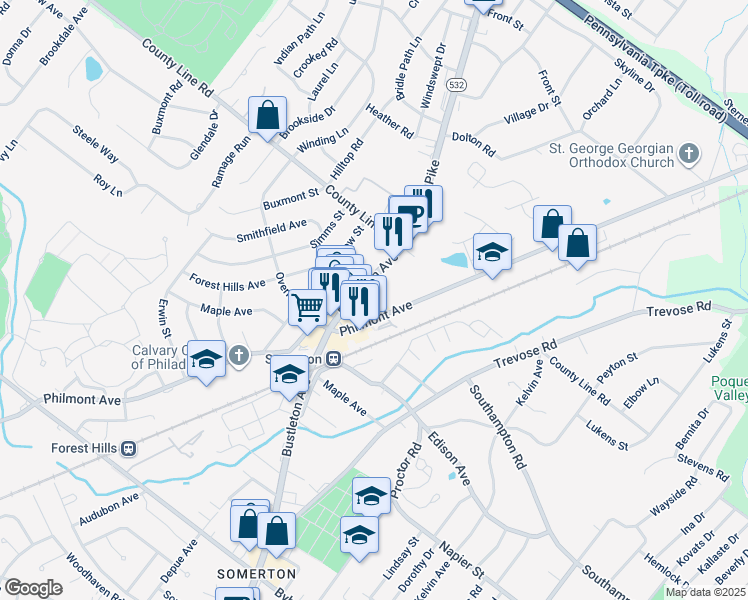 map of restaurants, bars, coffee shops, grocery stores, and more near 550 Southampton Road in Philadelphia
