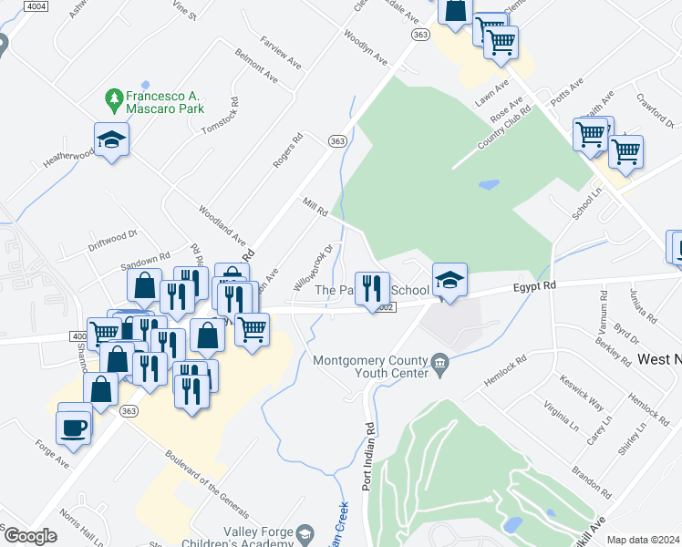 map of restaurants, bars, coffee shops, grocery stores, and more near 521 Willowbrook Drive in Norristown