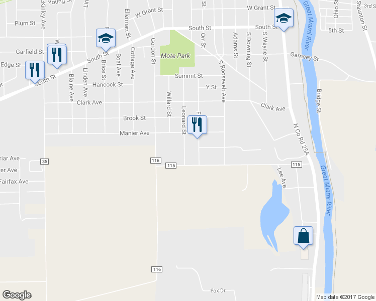 map of restaurants, bars, coffee shops, grocery stores, and more near 1201 Leonard Street in Piqua