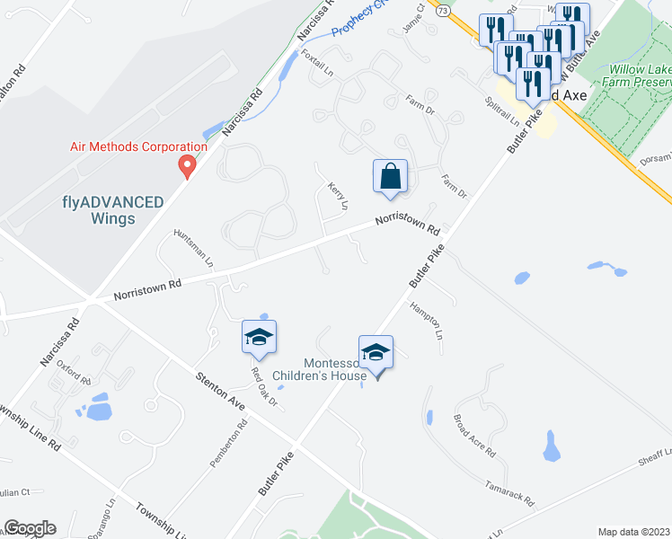 map of restaurants, bars, coffee shops, grocery stores, and more near 92 Norristown Road in Blue Bell