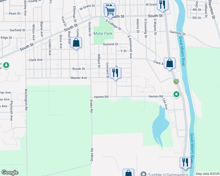map of restaurants, bars, coffee shops, grocery stores, and more near 1201 Leonard Street in Piqua