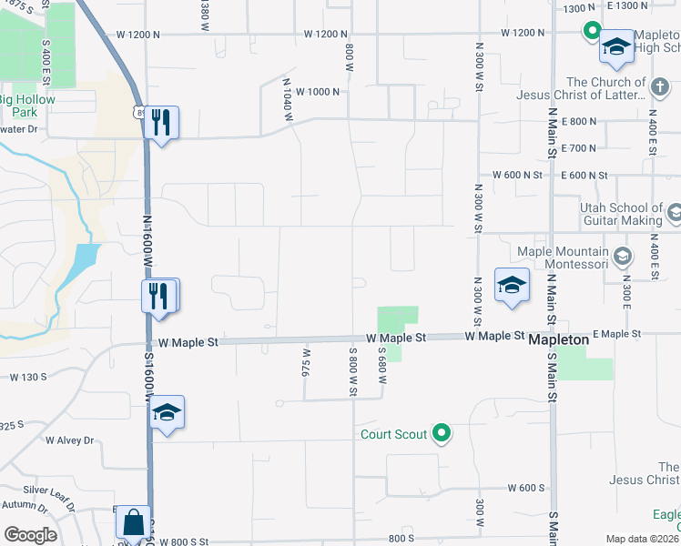 map of restaurants, bars, coffee shops, grocery stores, and more near 89 North 800 West Street in Mapleton