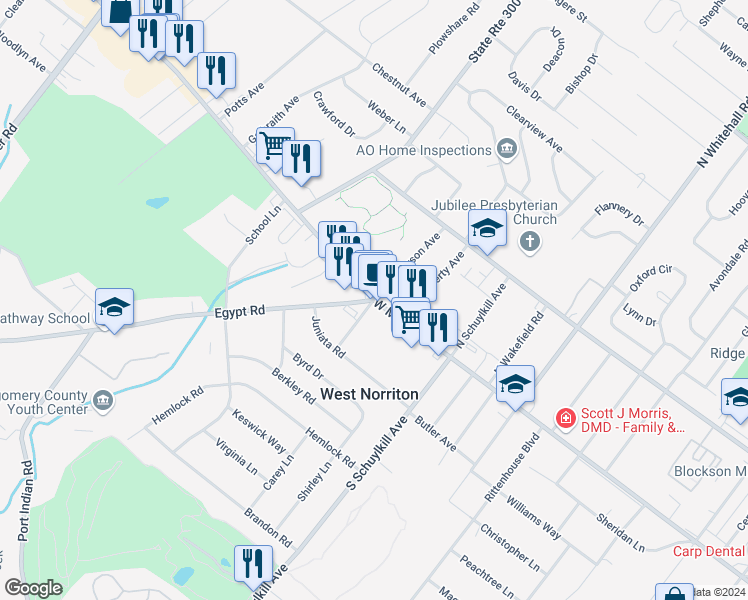 map of restaurants, bars, coffee shops, grocery stores, and more near 2 Egypt Road in Norristown