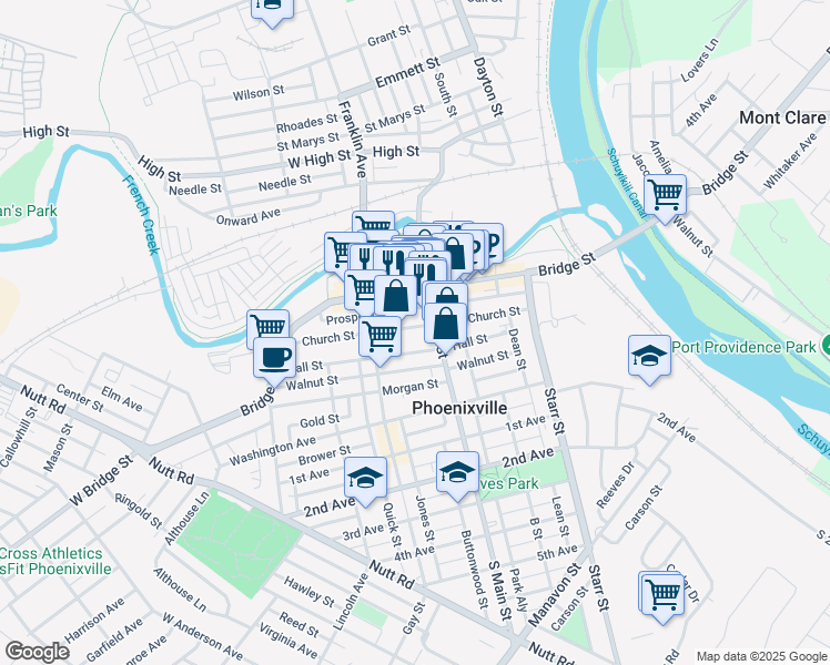 map of restaurants, bars, coffee shops, grocery stores, and more near 110 Main Street in Phoenixville