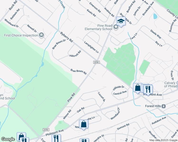 map of restaurants, bars, coffee shops, grocery stores, and more near 3416 Pine Road in Montgomery County