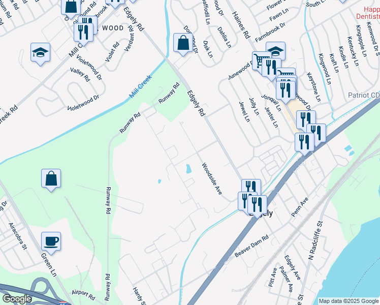 map of restaurants, bars, coffee shops, grocery stores, and more near 6997 Curtis Avenue in Levittown