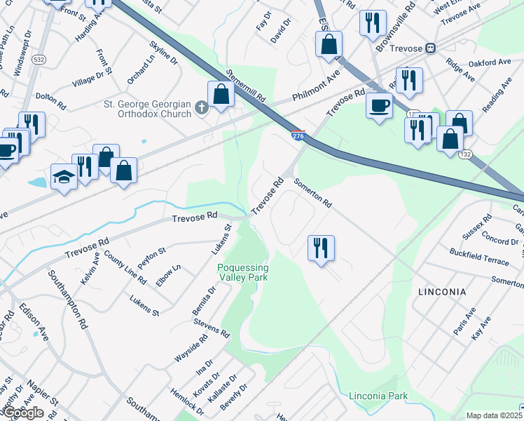 map of restaurants, bars, coffee shops, grocery stores, and more near 2441 Trevose Road in Trevose